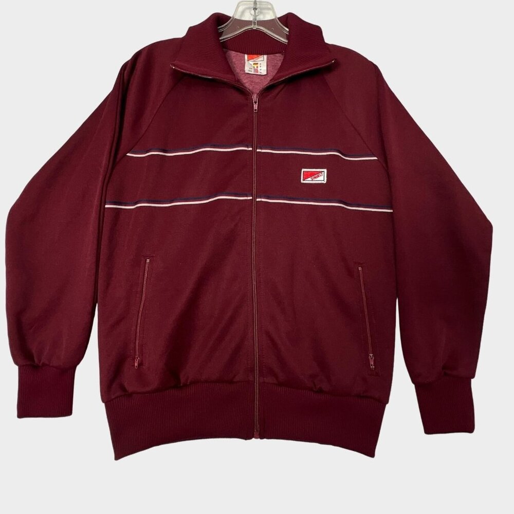 Vintage 80s Sun Belt Track Jacket Mens Medium Full Zip Striped Maroon Pockets